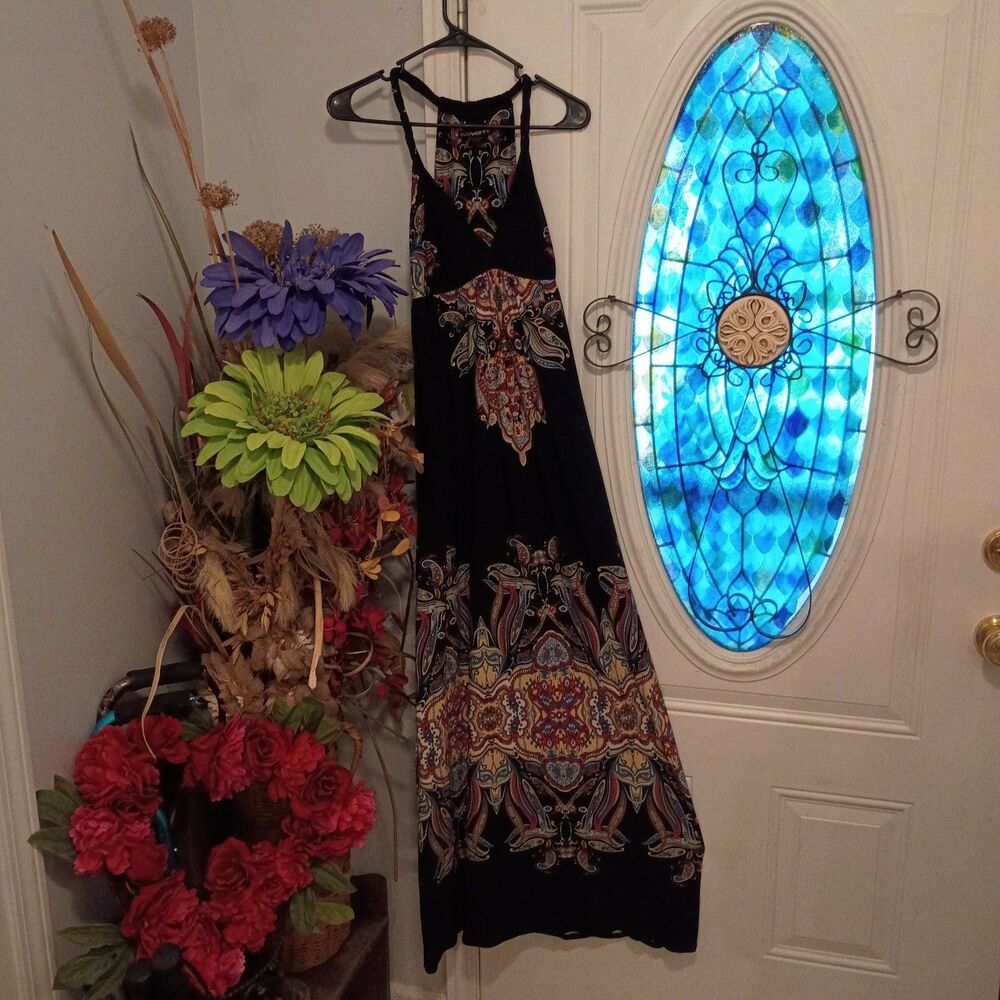 Eva Varro Paisley Border Print Maxi Dress Women's XS Handcrafted USA V-NeckBlack